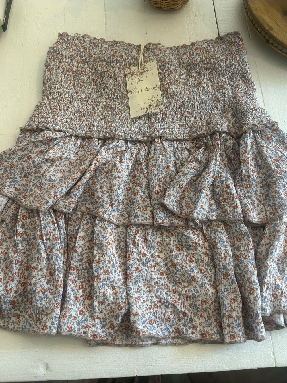 Hem & Thread Floral Smocked Tiered Mini Skirt - cream, rust & blue